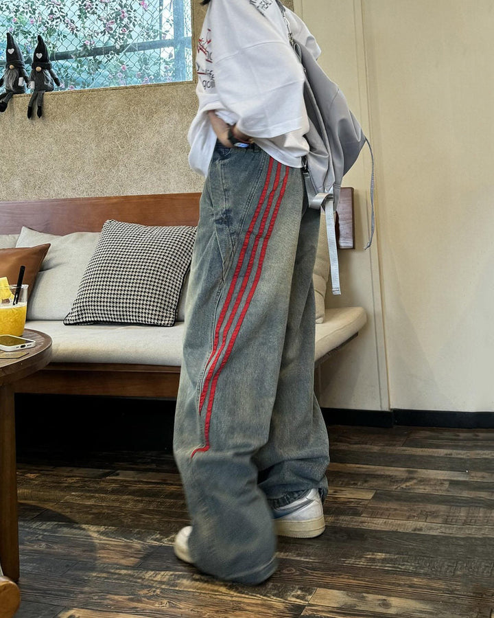90s Style Wide Red Stripe Jeans - Vedlit