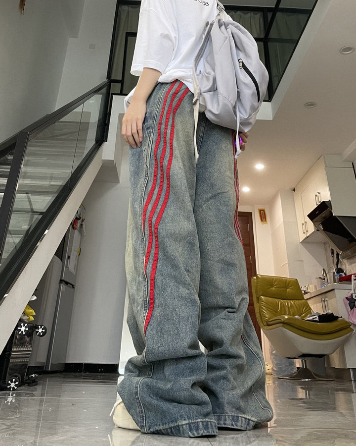 90s Style Wide Red Stripe Jeans - Vedlit