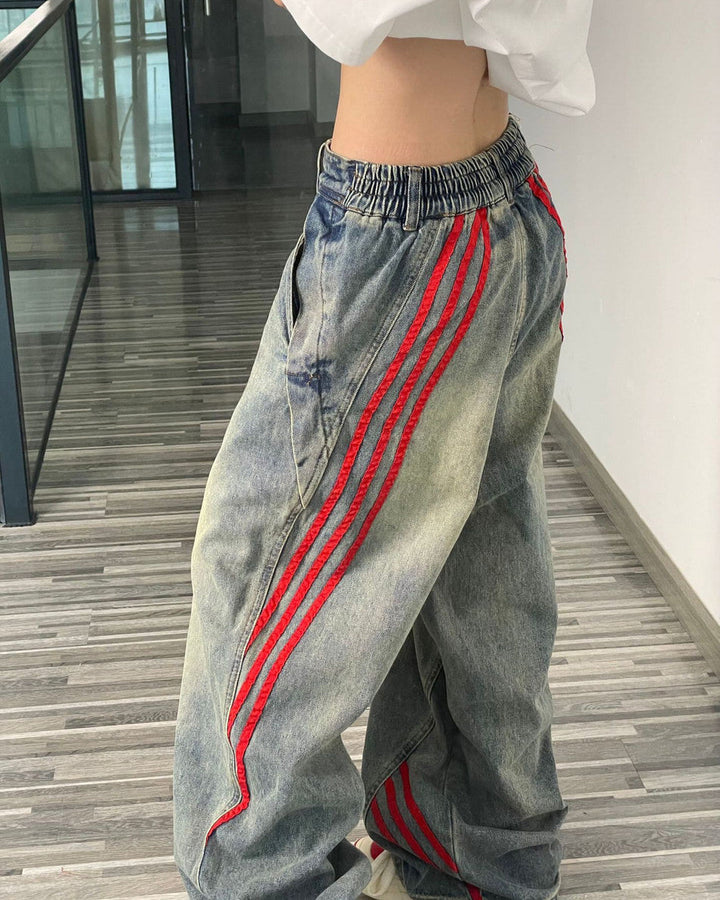 90s Style Wide Red Stripe Jeans - Vedlit