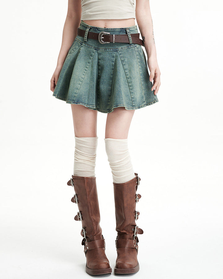 90s Grunge Pleated Denim Mini Skirt - Vedlit