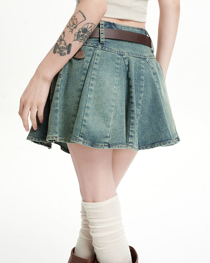90s Grunge Pleated Denim Mini Skirt - Vedlit