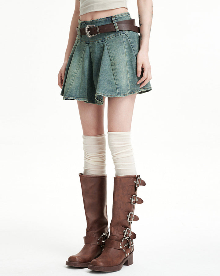 90s Grunge Pleated Denim Mini Skirt - Vedlit