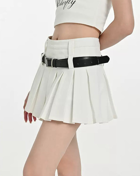 Double Belt Pleated Mini Skirt - Vedlit