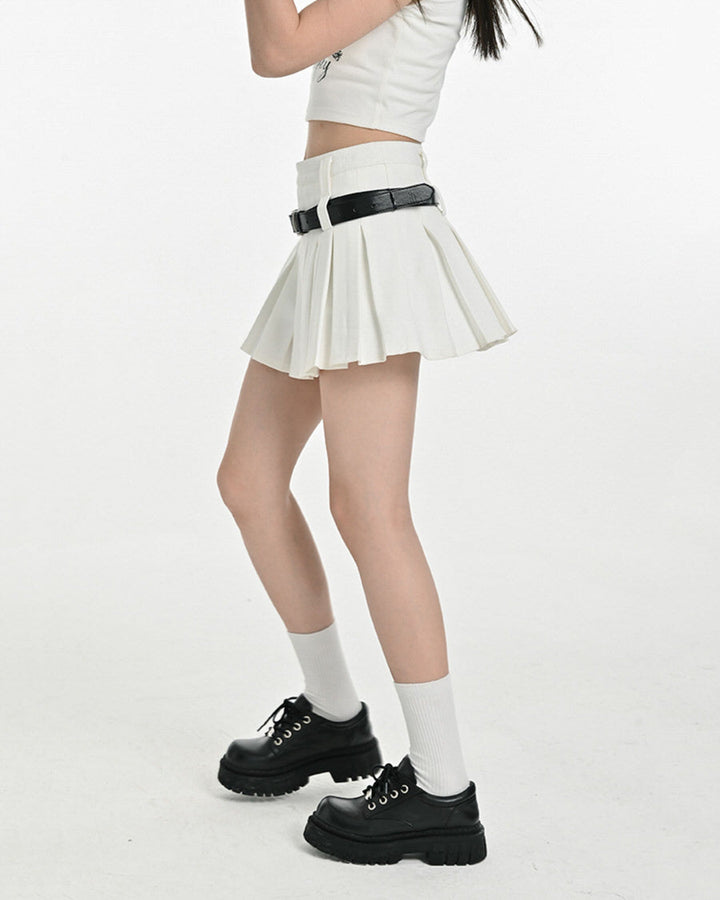 Double Belt Pleated Mini Skirt - Vedlit