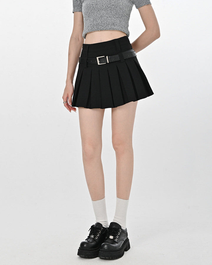 Double Belt Pleated Mini Skirt - Vedlit