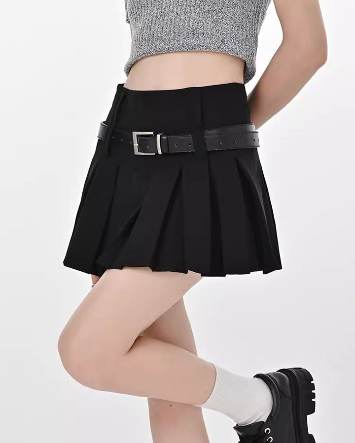 Double Belt Pleated Mini Skirt - Vedlit
