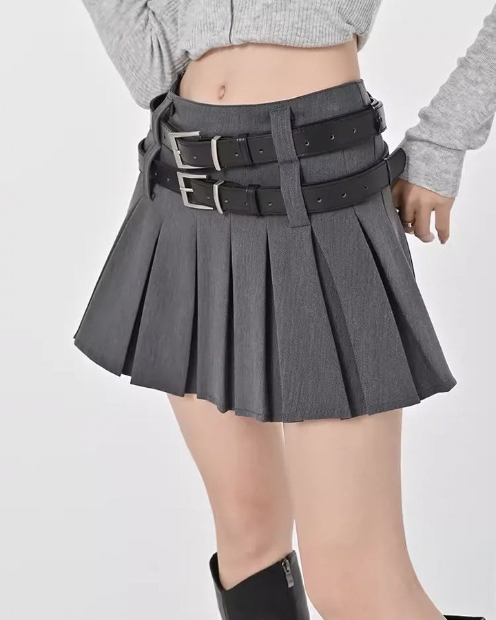 Double Belt Pleated Mini Skirt - Vedlit