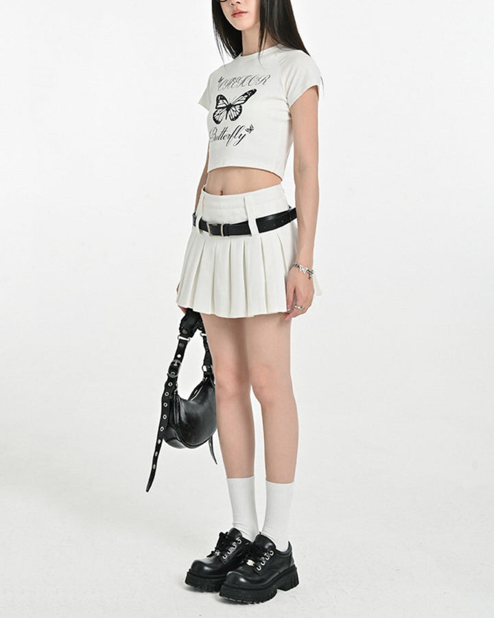 Double Belt Pleated Mini Skirt - Vedlit