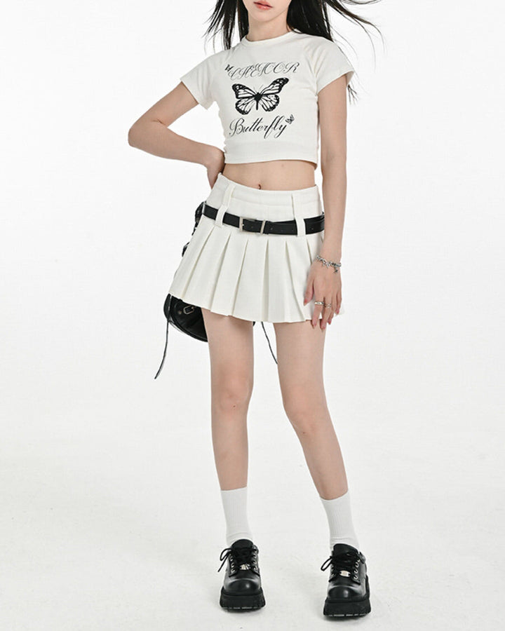 Double Belt Pleated Mini Skirt - Vedlit