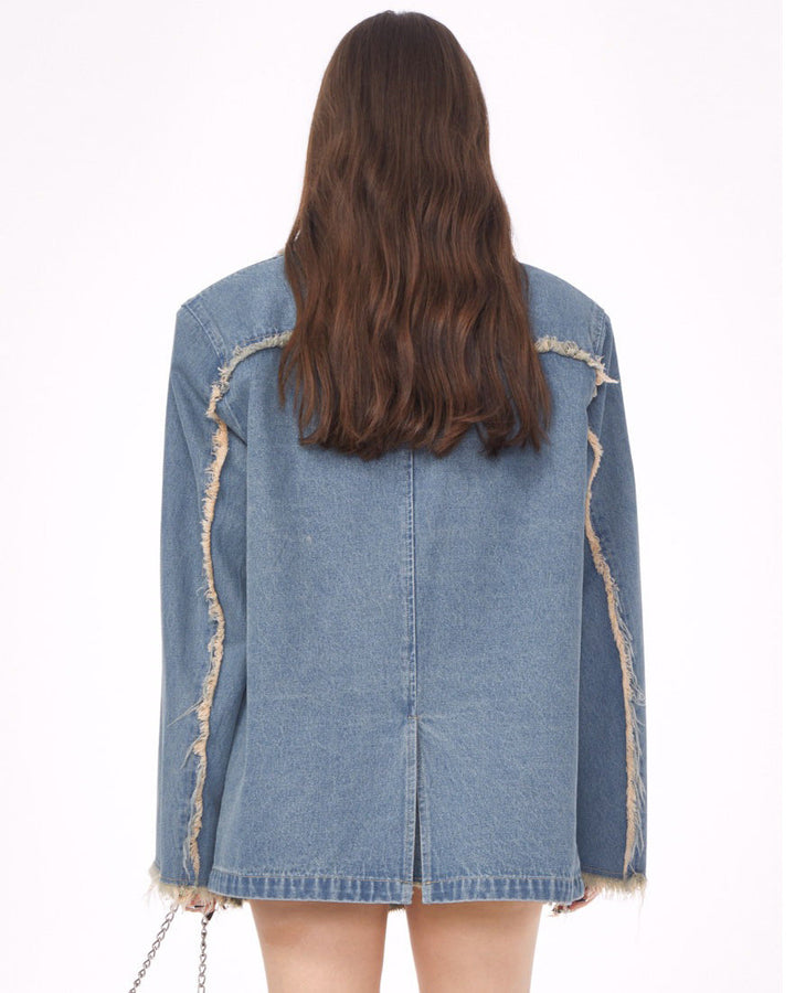 Distressed Denim Blazer in Blue - Vedlit