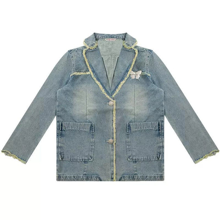 Distressed Denim Blazer in Blue - Vedlit