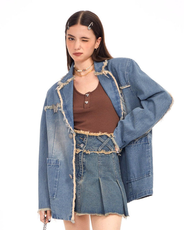 Distressed Denim Blazer in Blue - Vedlit