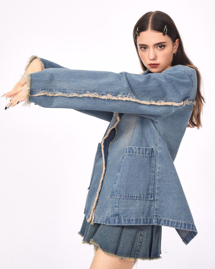 Distressed Denim Blazer in Blue - Vedlit