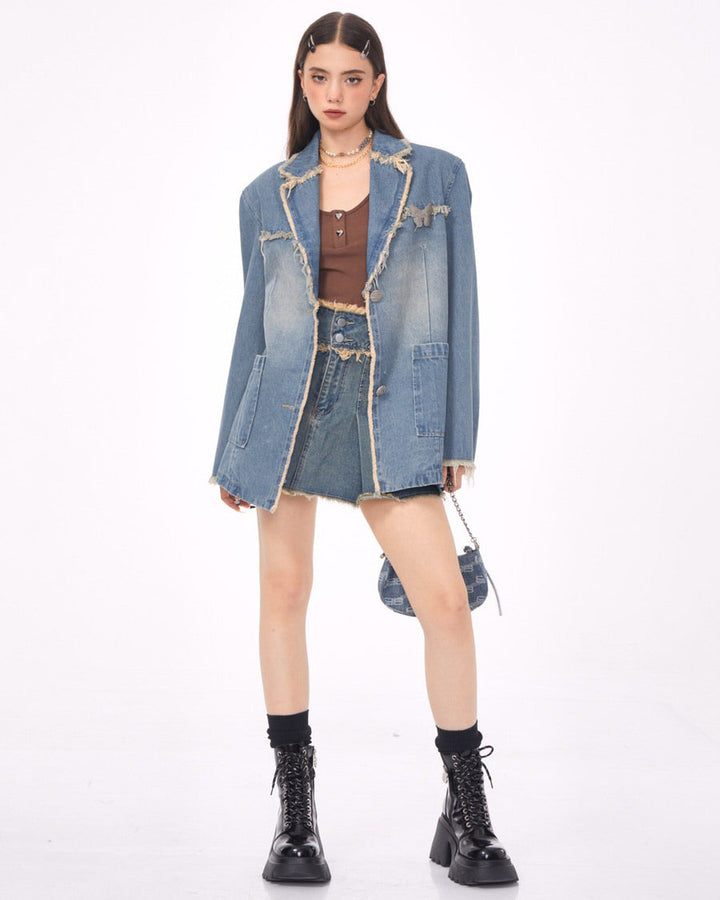 Distressed Denim Blazer in Blue - Vedlit
