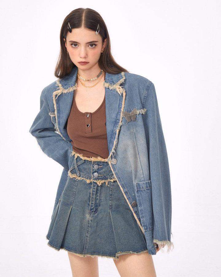 Distressed Denim Blazer in Blue - Vedlit
