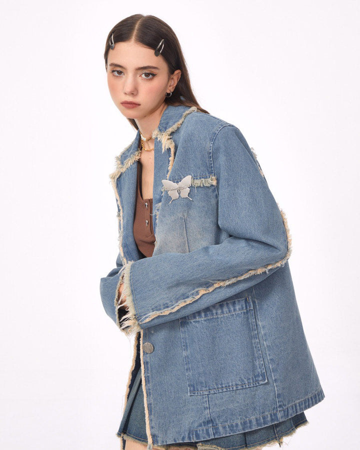 Distressed Denim Blazer in Blue - Vedlit