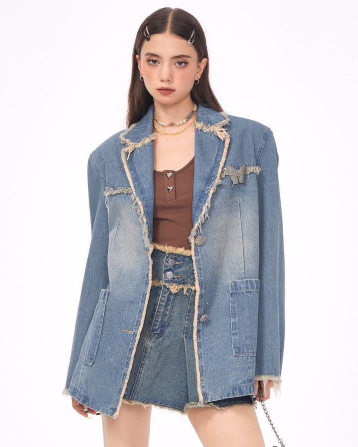 Distressed Denim Blazer in Blue - Vedlit