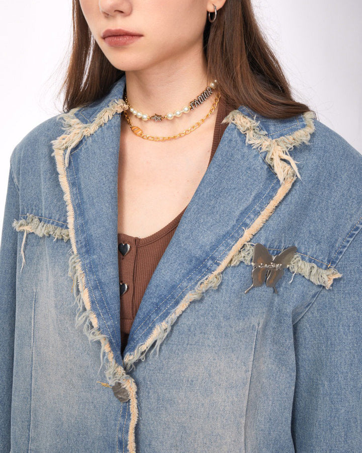 Distressed Denim Blazer in Blue - Vedlit