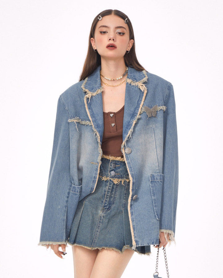 Distressed Denim Blazer in Blue - Vedlit