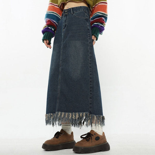 Aesthetic Long Denim Fringe Skirt - Vedlit