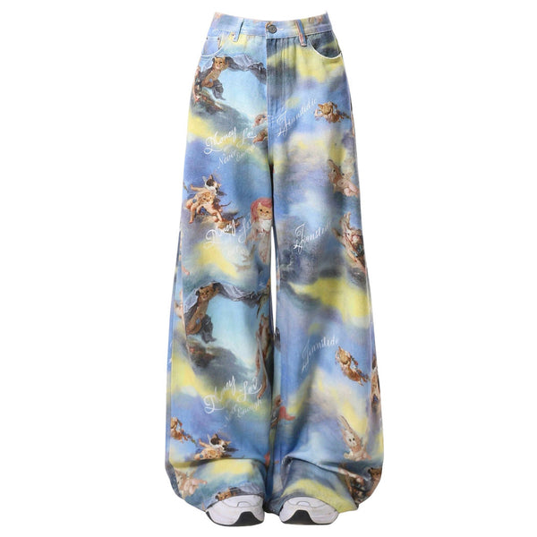 Angel Cat Print Wide-Leg Pants - Vedlit