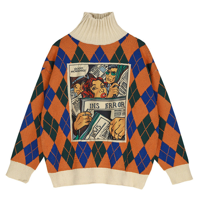 Argyle Pattern Turtleneck Sweater - Vedlit