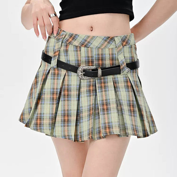 Double Belt Plaid Pleated Skirt in Green - Vedlit