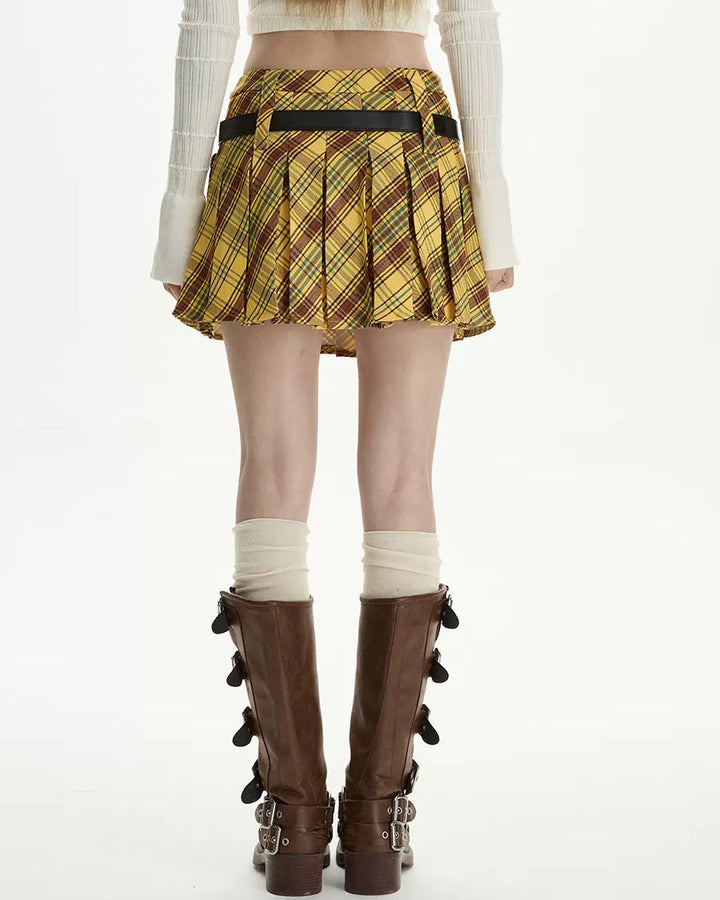 Double Belt Plaid Pleated Skirt in Yellow - Vedlit