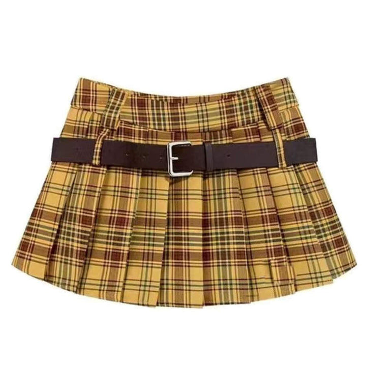 Double Belt Plaid Pleated Skirt in Yellow - Vedlit