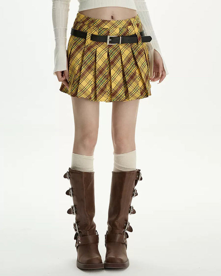 Double Belt Plaid Pleated Skirt in Yellow - Vedlit