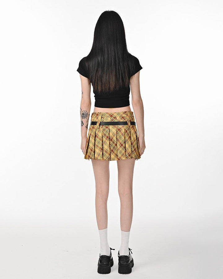 Double Belt Plaid Pleated Skirt in Yellow - Vedlit