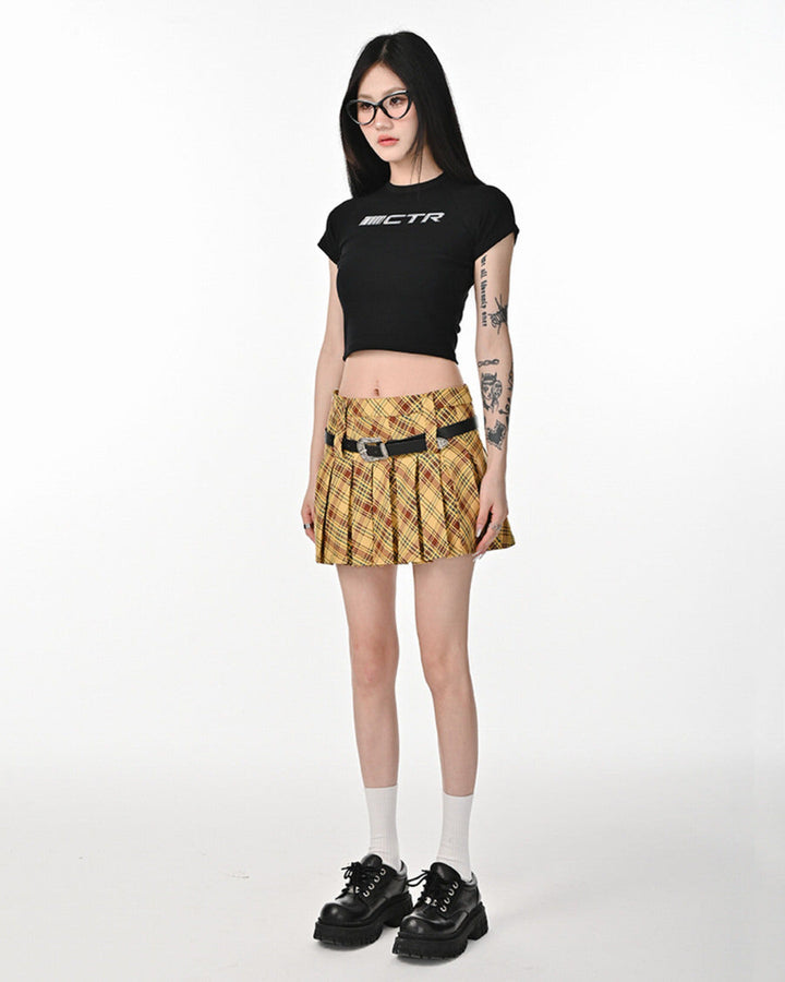 Double Belt Plaid Pleated Skirt in Yellow - Vedlit