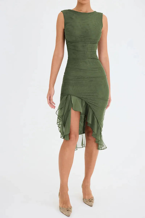 Asymmetric Ruffled Mesh Mini Dress - Vedlit