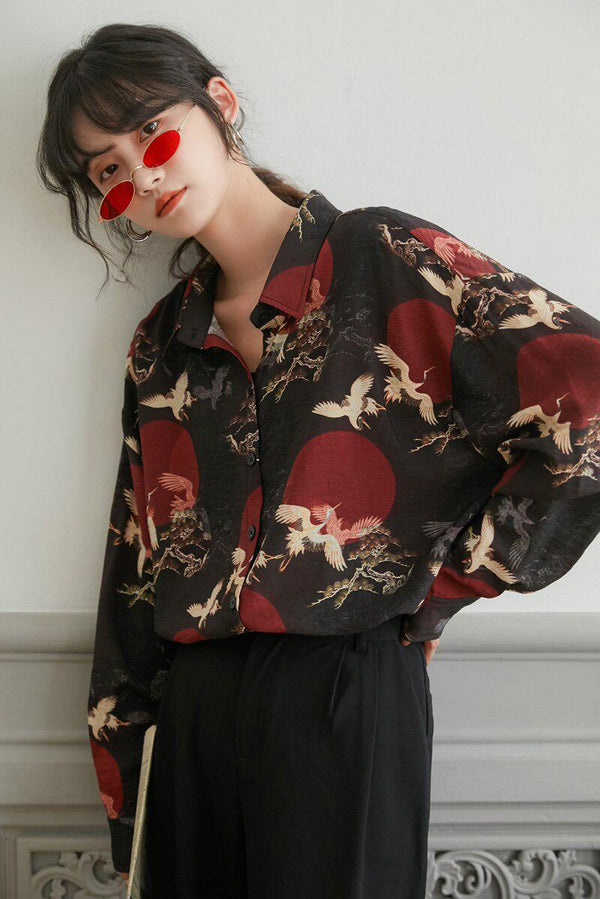 Bird Pattern Long Sleeve Shirt - Vedlit