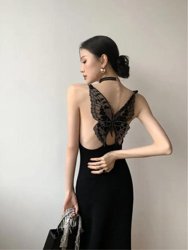 Black Butterfly Back Midi Dress - Vedlit