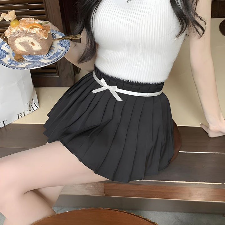 Bow Belt Pleated Mini Skort - Vedlit