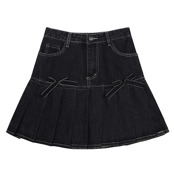Bow Denim Pleated Skirt - Vedlit