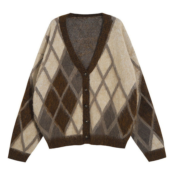 Brown Argyle Fuzzy Cardigan - Vedlit