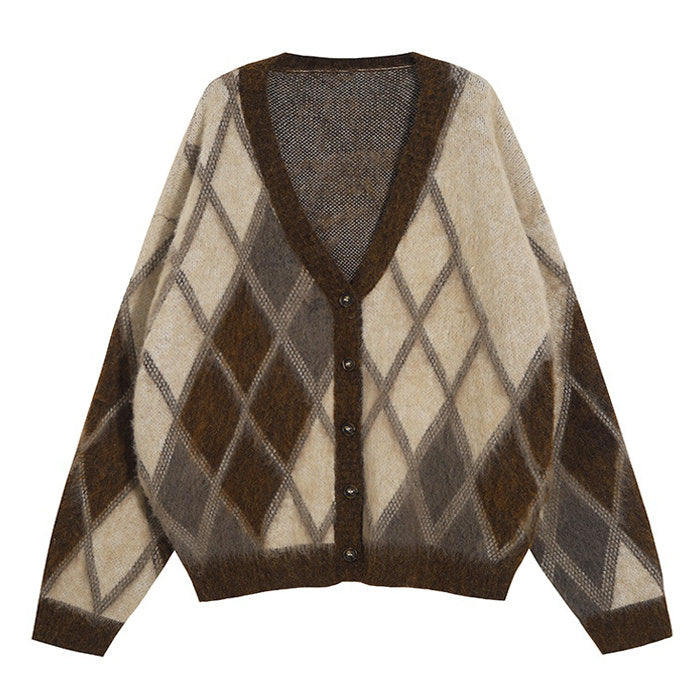 Brown Argyle Fuzzy Cardigan - Vedlit