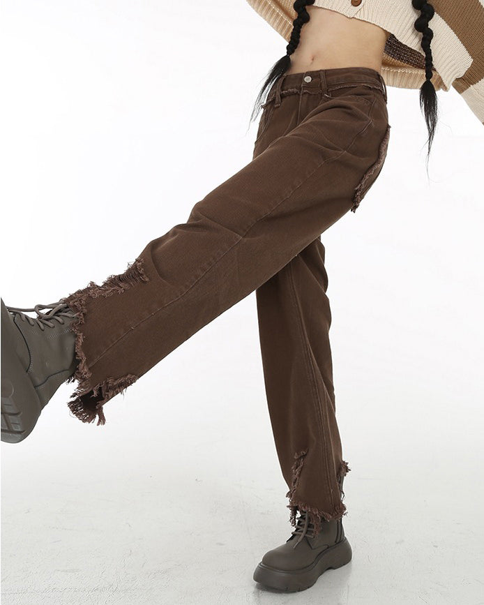 Brown Straight Leg Distressed Jeans - Vedlit