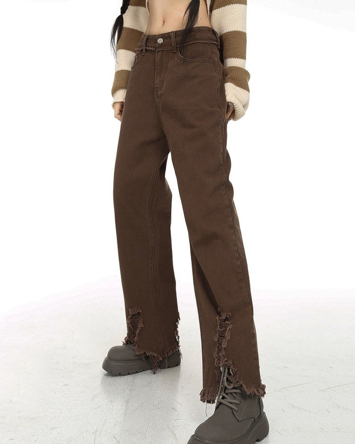 Brown Straight Leg Distressed Jeans - Vedlit