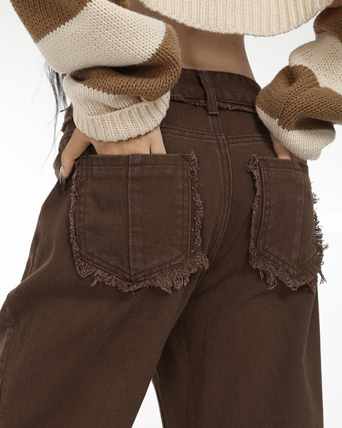 Brown Straight Leg Distressed Jeans - Vedlit