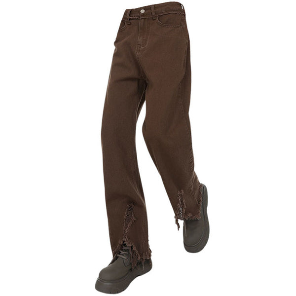 Brown Straight Leg Distressed Jeans - Vedlit