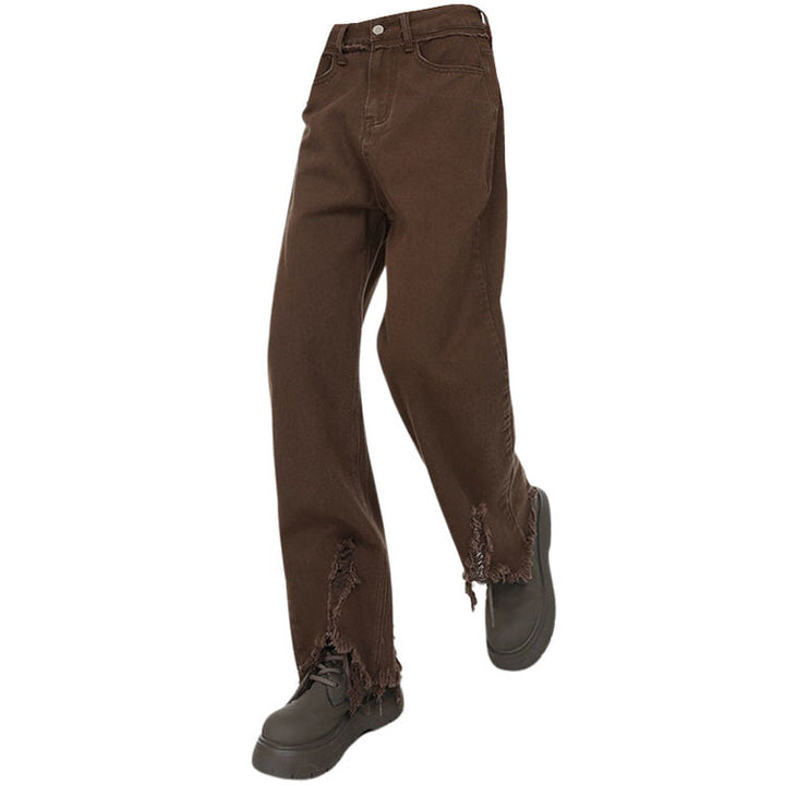 Brown Straight Leg Distressed Jeans - Vedlit