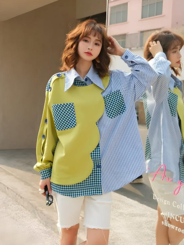 Buttoned Sleeved Patchwork Shirt - Vedlit