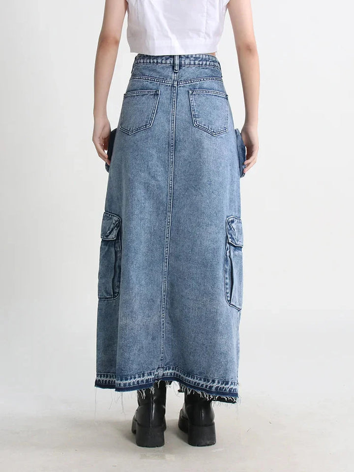 Cargo Split Denim Midi Skirt - Vedlit