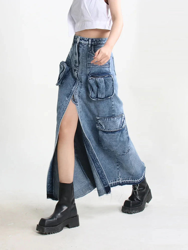 Cargo Split Denim Midi Skirt - Vedlit