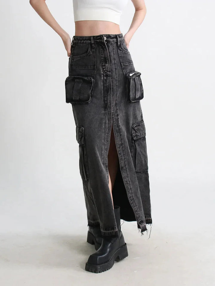 Cargo Split Denim Midi Skirt - Vedlit