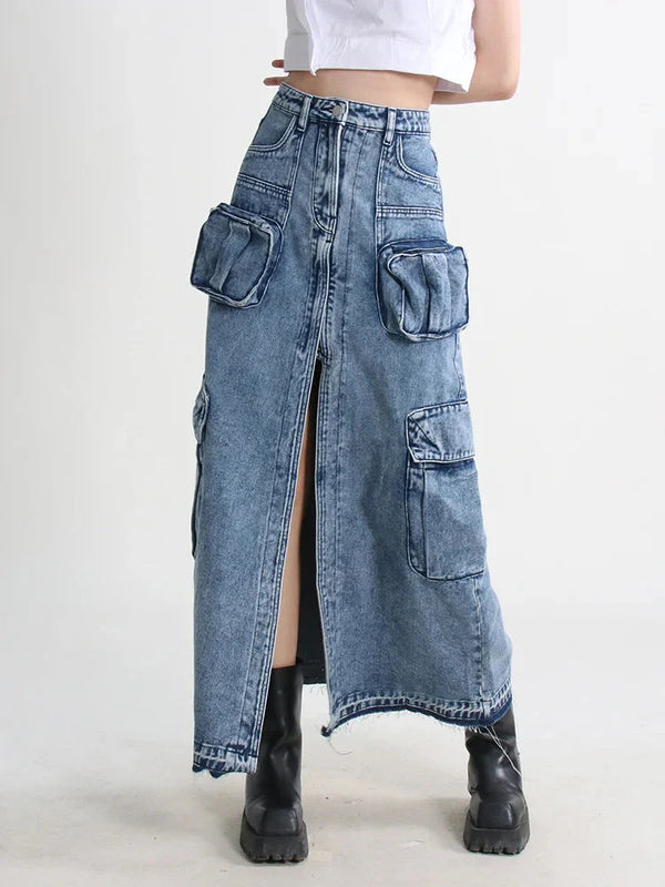 Cargo Split Denim Midi Skirt - Vedlit