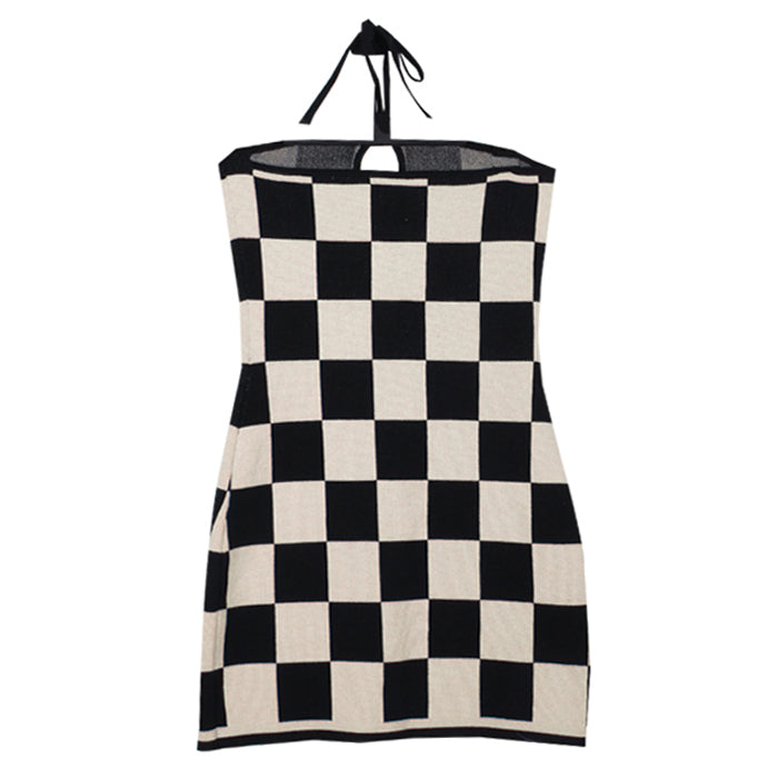 Checkered Knit Dress & Cardigan Set - Vedlit